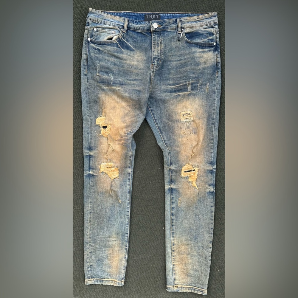 THRT Jeans Men's Size 40 Slim Straight Distressed Blue Rusty orange denim patch